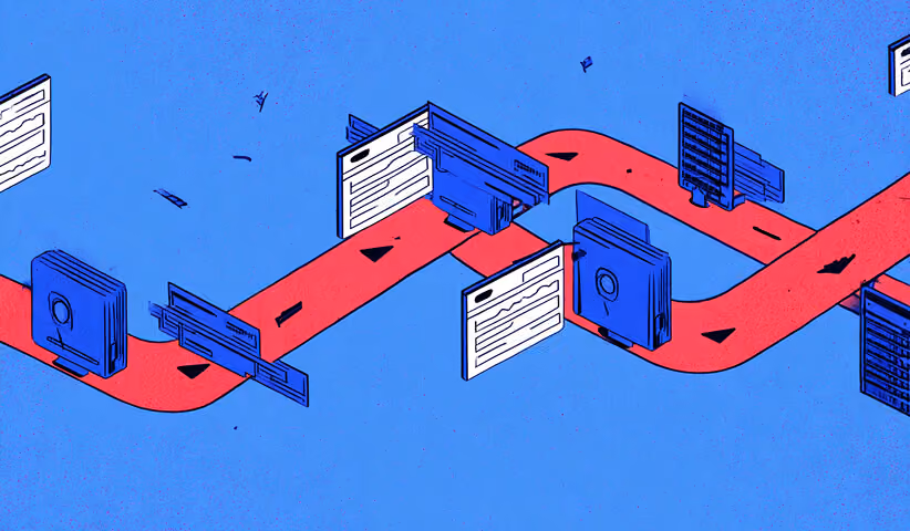 Files moving along a red path, representing automated task sequencing and process flow.