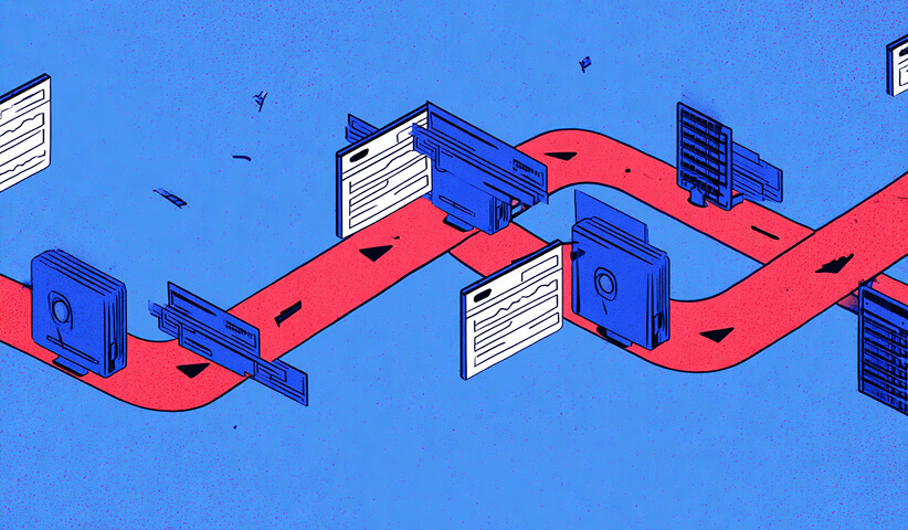 Files moving along a red path, representing automated task sequencing and process flow.
