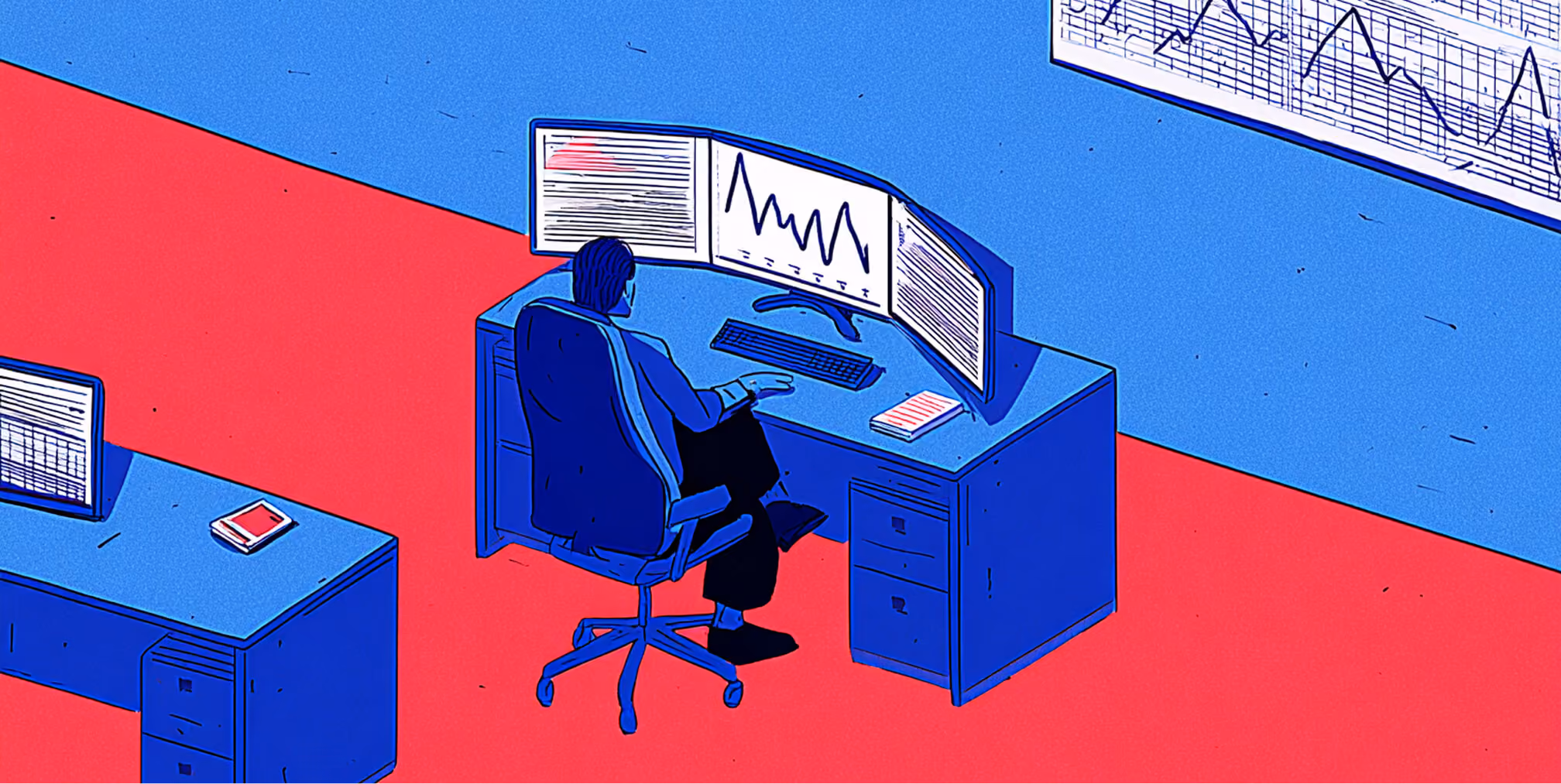 Person monitoring multiple analytics screens at a desk, symbolizing oversight of automated Shopify operations.