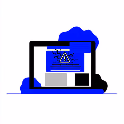 Laptop displaying warning alert with error symbol, representing site issues, bugs, or Shopify performance problems requiring maintenance.