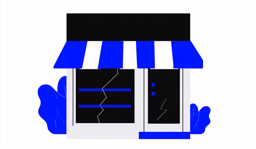 Cracked storefront illustration with broken windows, symbolizing neglected Shopify maintenance leading to site instability or downtime.