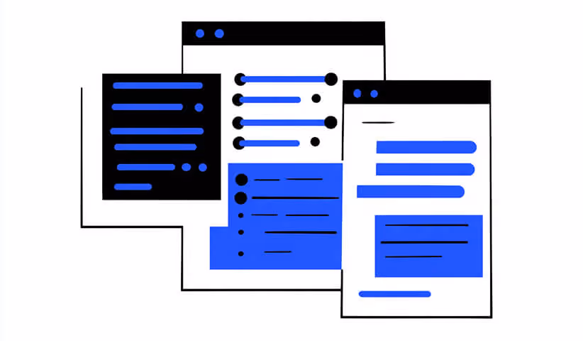Stacked interface panels and code blocks, representing Shopify backend management, updates, and technical maintenance workflows.