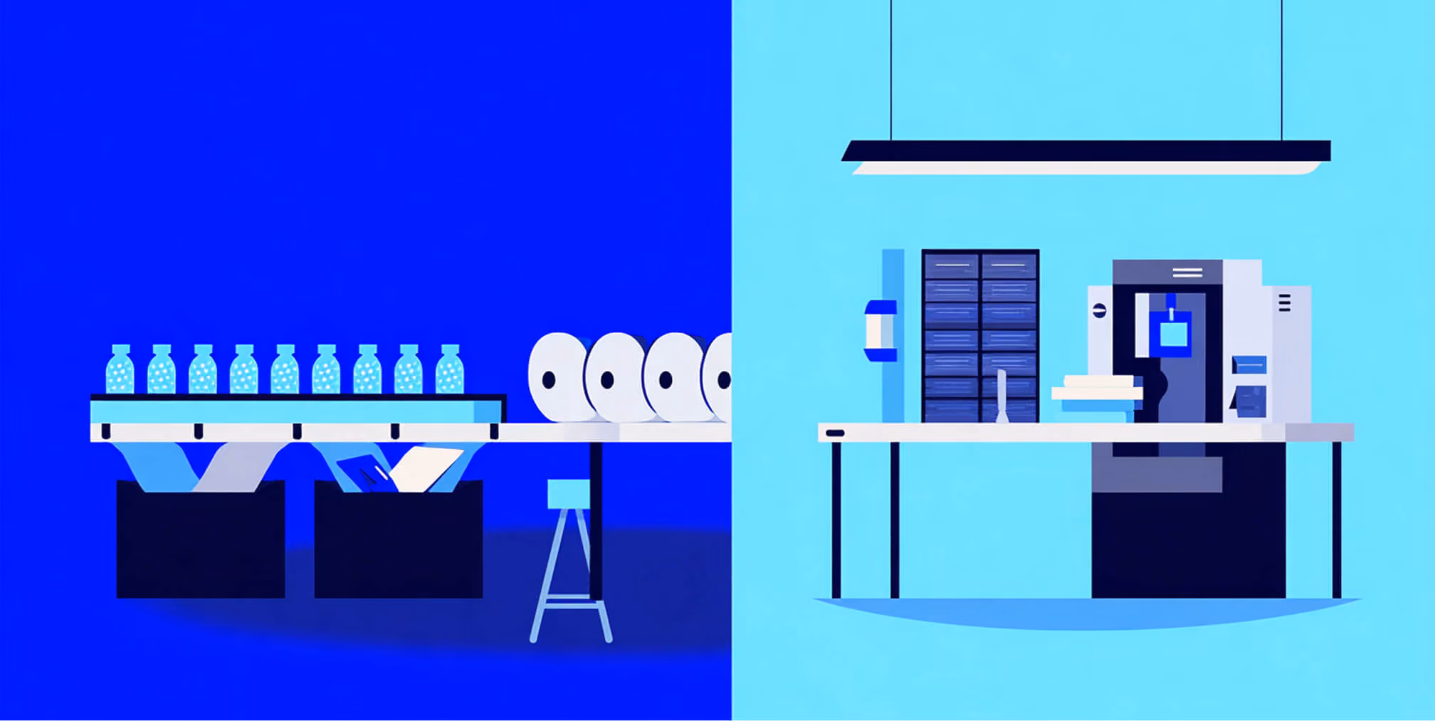 Illustration of a split manufacturing workflow showing product packaging on one side and automated production machinery on the other, representing scalable operations.
