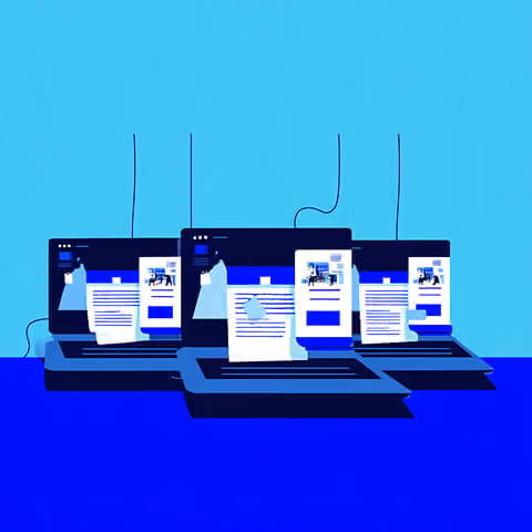 Multiple laptops running identical web layouts, representing duplicated templates and limitations of pre-made website themes.