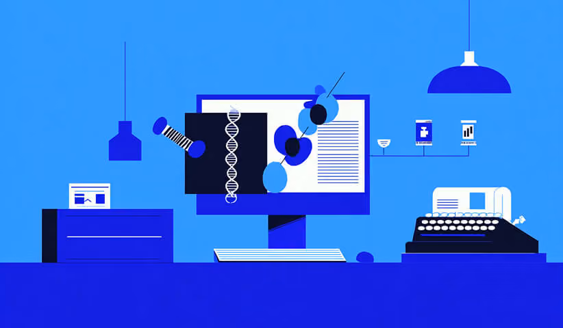 Digital workspace illustration with documents, data visuals, and tools on a desktop screen, representing structured custom development.