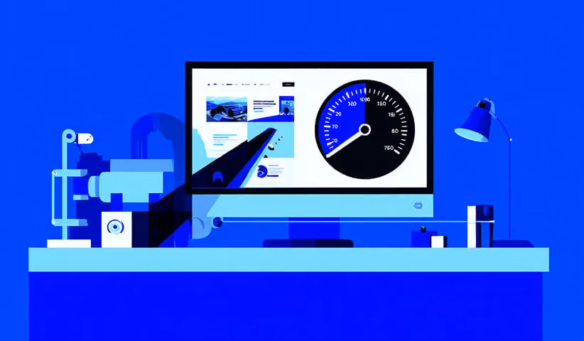 Computer monitor displaying a website alongside a speed gauge, symbolizing website performance optimization and faster load times.