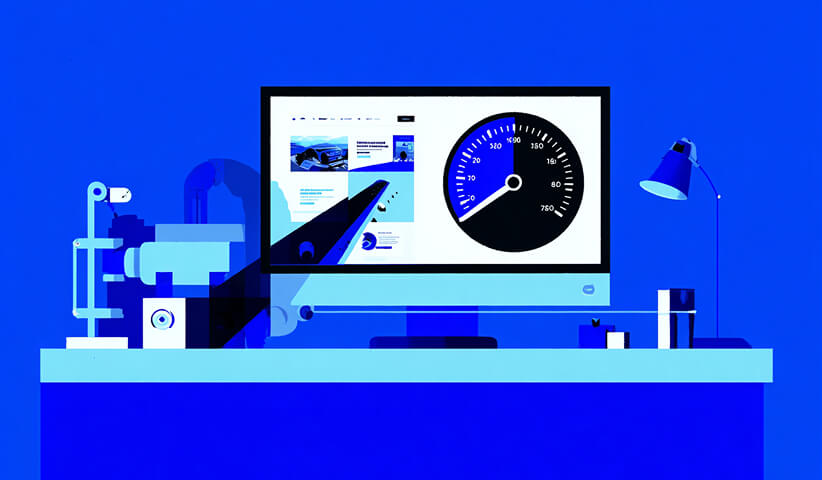 Computer monitor displaying a website alongside a speed gauge, symbolizing website performance optimization and faster load times.