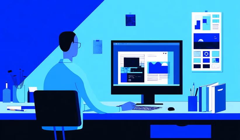 Person working at a desktop computer with design panels and layouts on screen, illustrating hands-on custom Shopify development.