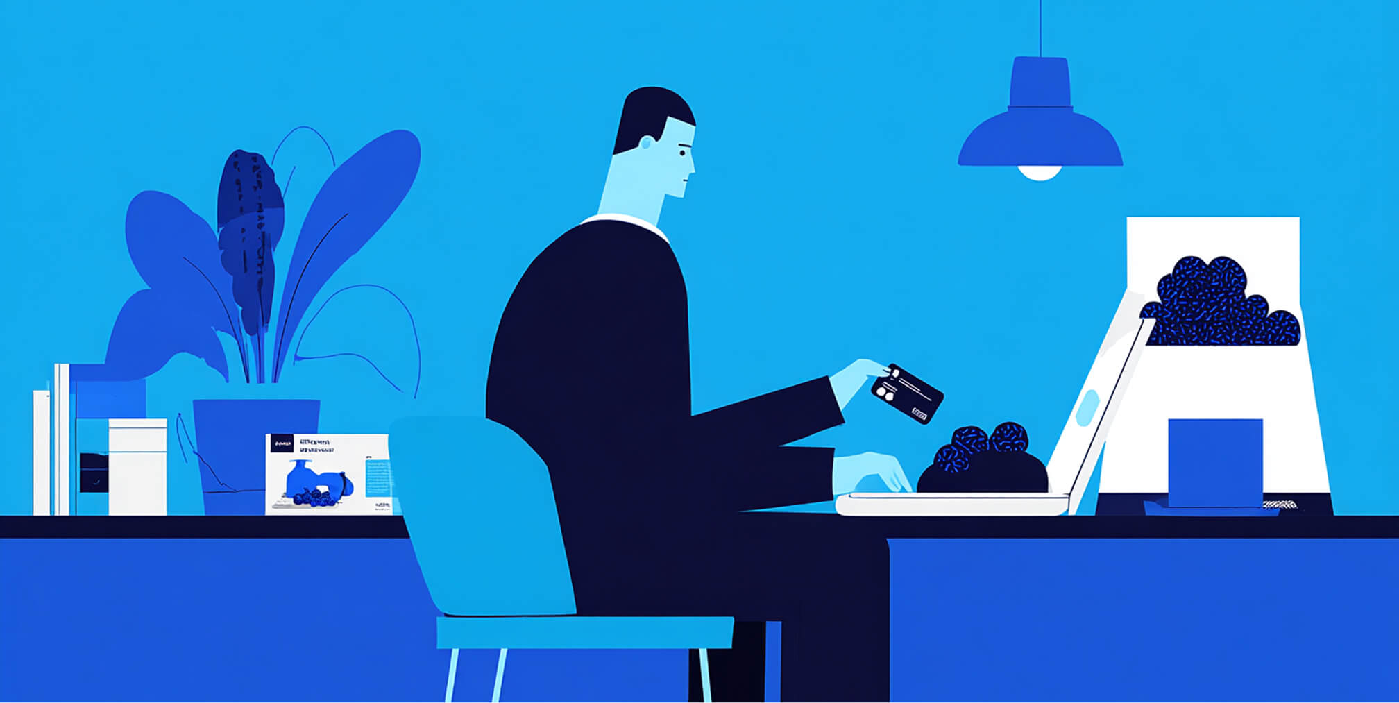 Illustration of an online shopper entering payment details on a laptop, representing ecommerce checkout flow and user experience.