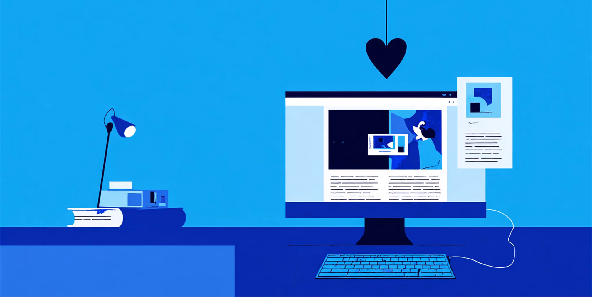 Desktop computer displaying a content-rich website layout with a heart icon above, symbolizing brand connection and user engagement.