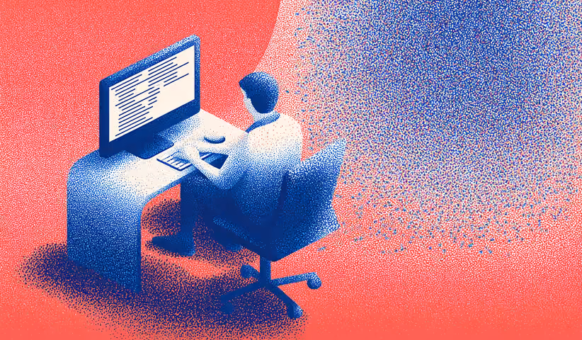 Person working at a desk as digital elements dissolve into static, representing productivity loss from buggy or inefficient Shopify code.