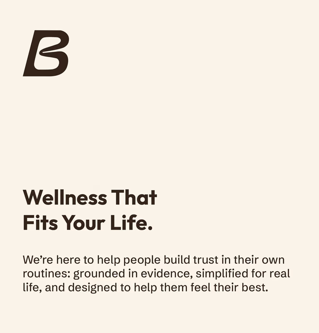 Minimal beige brand slide with BeatsWell logo and the headline “Wellness That Fits Your Life,” followed by a mission statement about evidence-based routines.