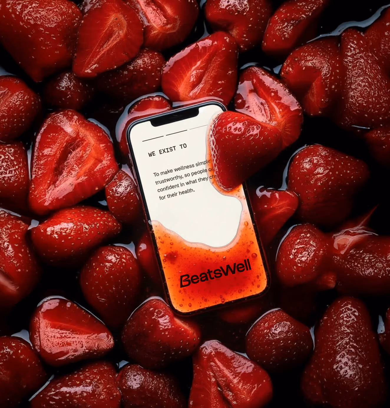 Smartphone displaying BeatsWell brand messaging submerged among glossy strawberries, with liquid partially covering the screen.