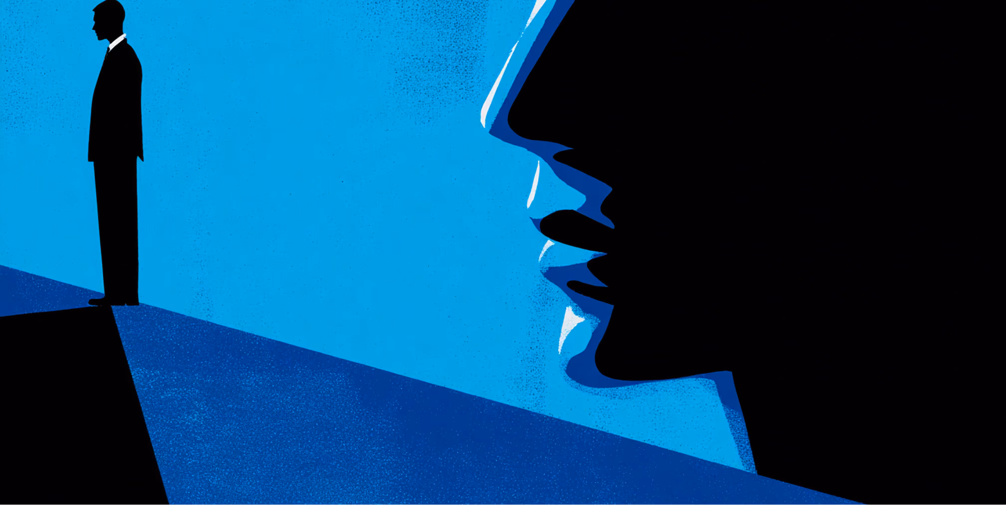 Silhouetted figure standing across from a large facial profile, illustrating distance and disengagement in brand relationships.