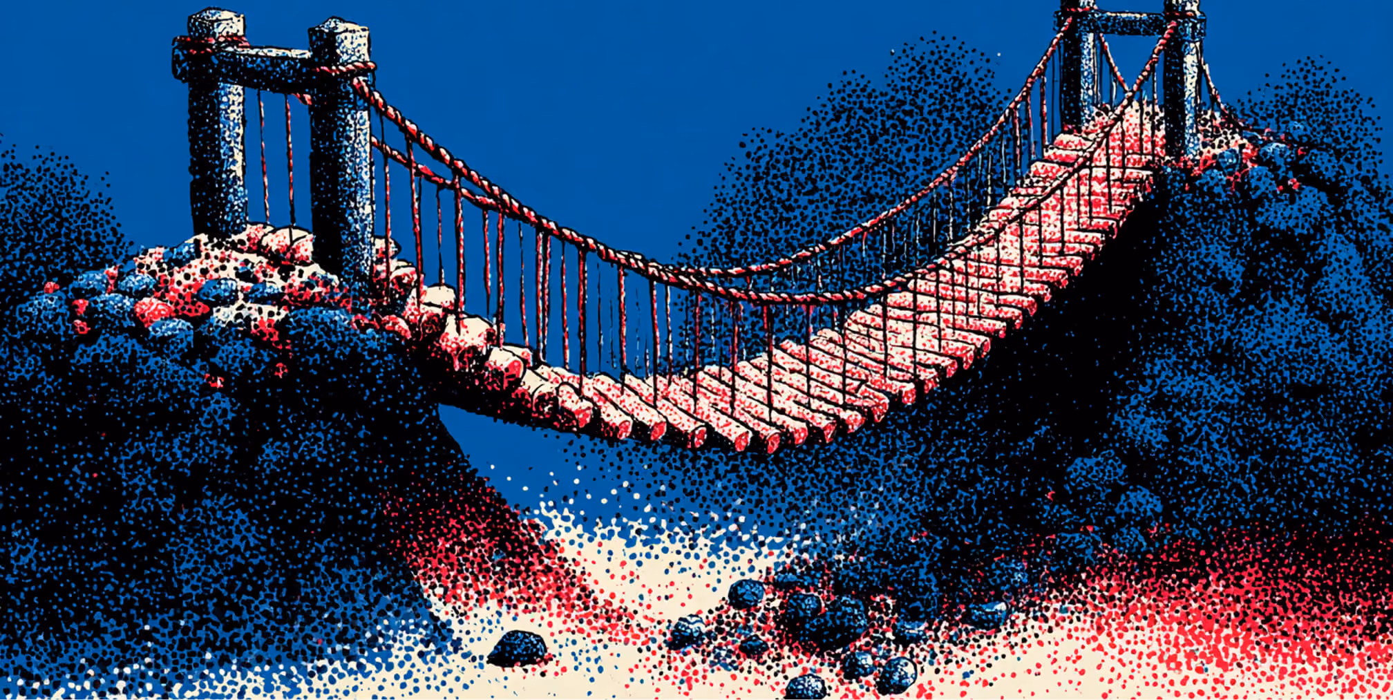Illustration of a rope bridge spanning a gap, symbolizing the challenge of migrating a website without losing SEO performance.
