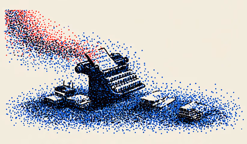 Typewriter emitting scattered dots, representing content restructuring and URL changes during migration.
