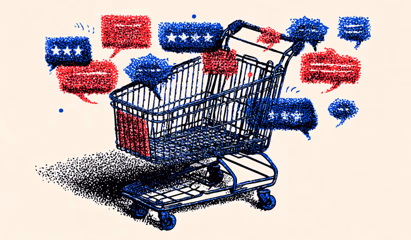Shopping cart surrounded by chat bubbles, symbolizing user feedback, trust signals, and post-migration engagement.