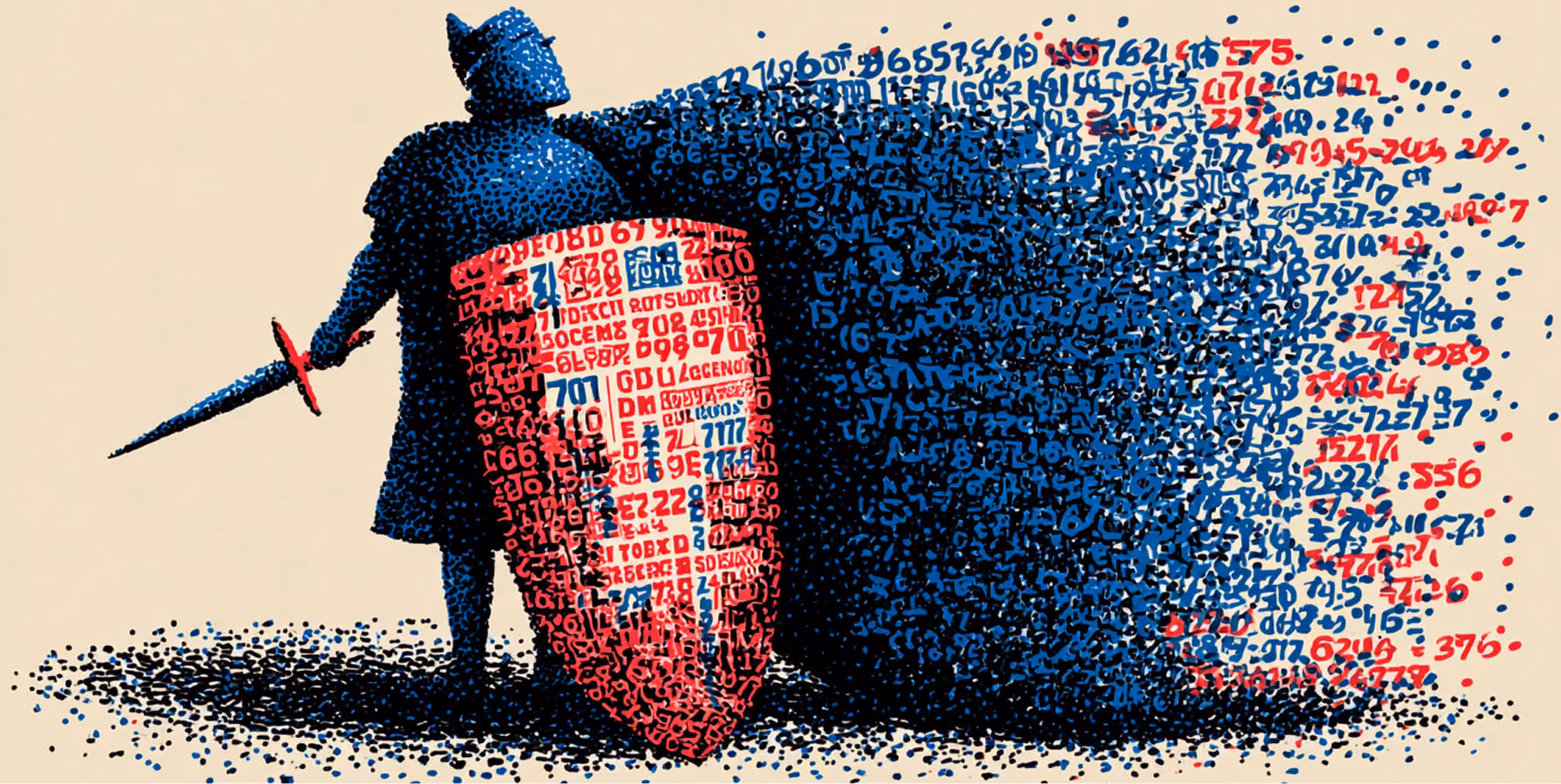 Shield covered in numbers held by a figure, representing protecting SEO data, rankings, and site authority.