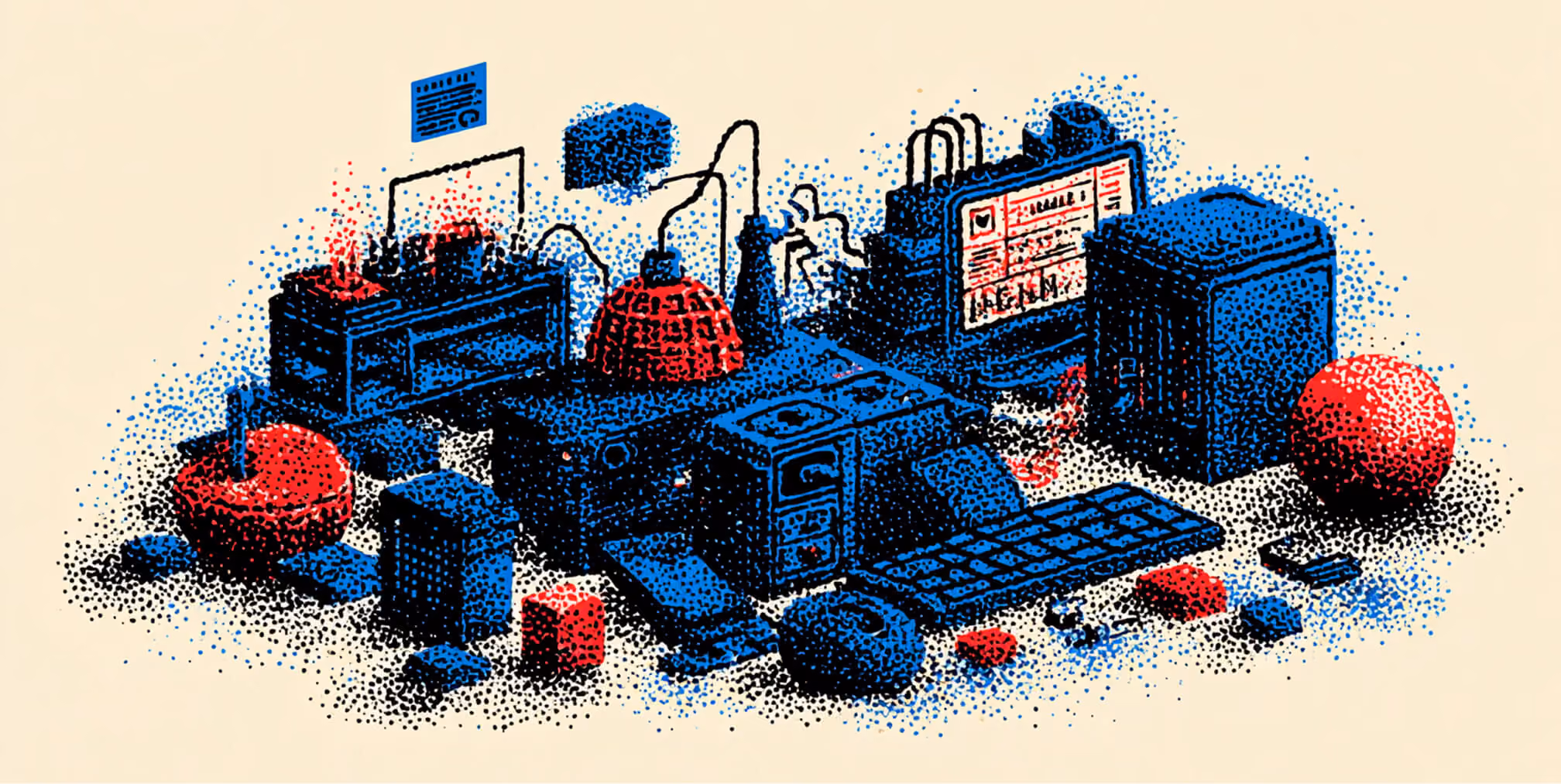 Complex system of connected devices, servers, and tools, illustrating a fully optimized Shopify ecosystem after migration.