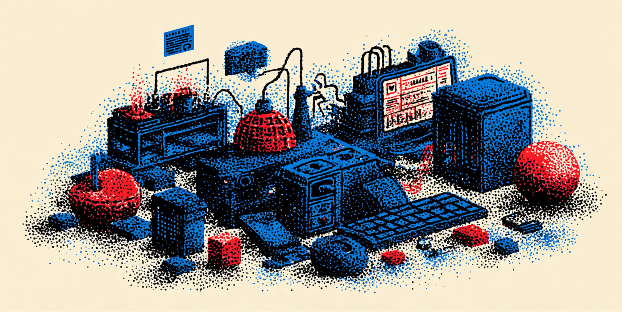 Complex system of connected devices, servers, and tools, illustrating a fully optimized Shopify ecosystem after migration.