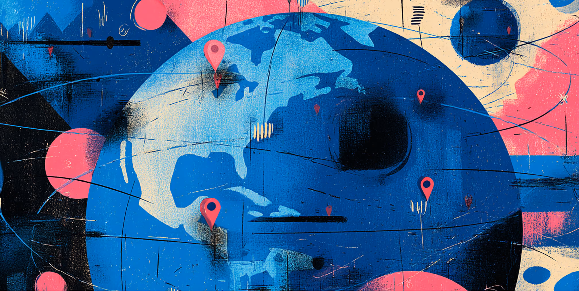 Abstract illustration of a world map with location pins, symbols, and layered textures representing global e-commerce expansion.