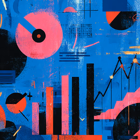 Abstract data visualization with charts, graphs, and geometric shapes symbolizing global performance metrics.