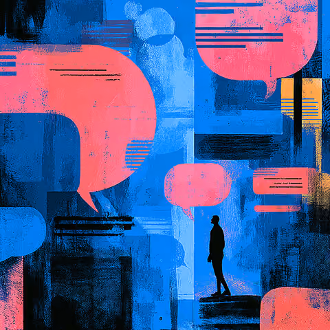 Stylized city scene with speech bubbles and a lone figure, symbolizing global communication and international audiences.