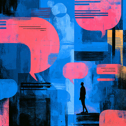 Stylized city scene with speech bubbles and a lone figure, symbolizing global communication and international audiences.