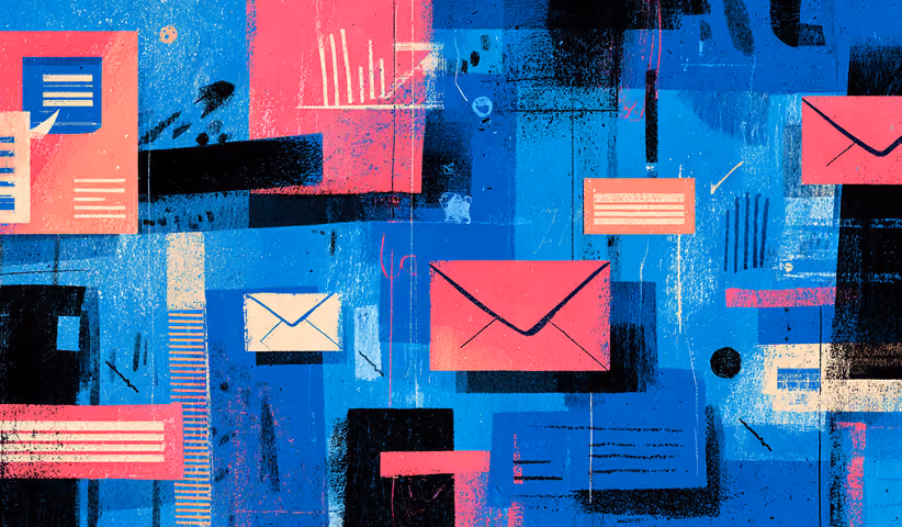 Email and message icons layered over abstract textures, representing global customer communication and automation.