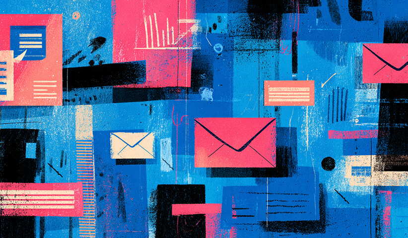Email and message icons layered over abstract textures, representing global customer communication and automation.