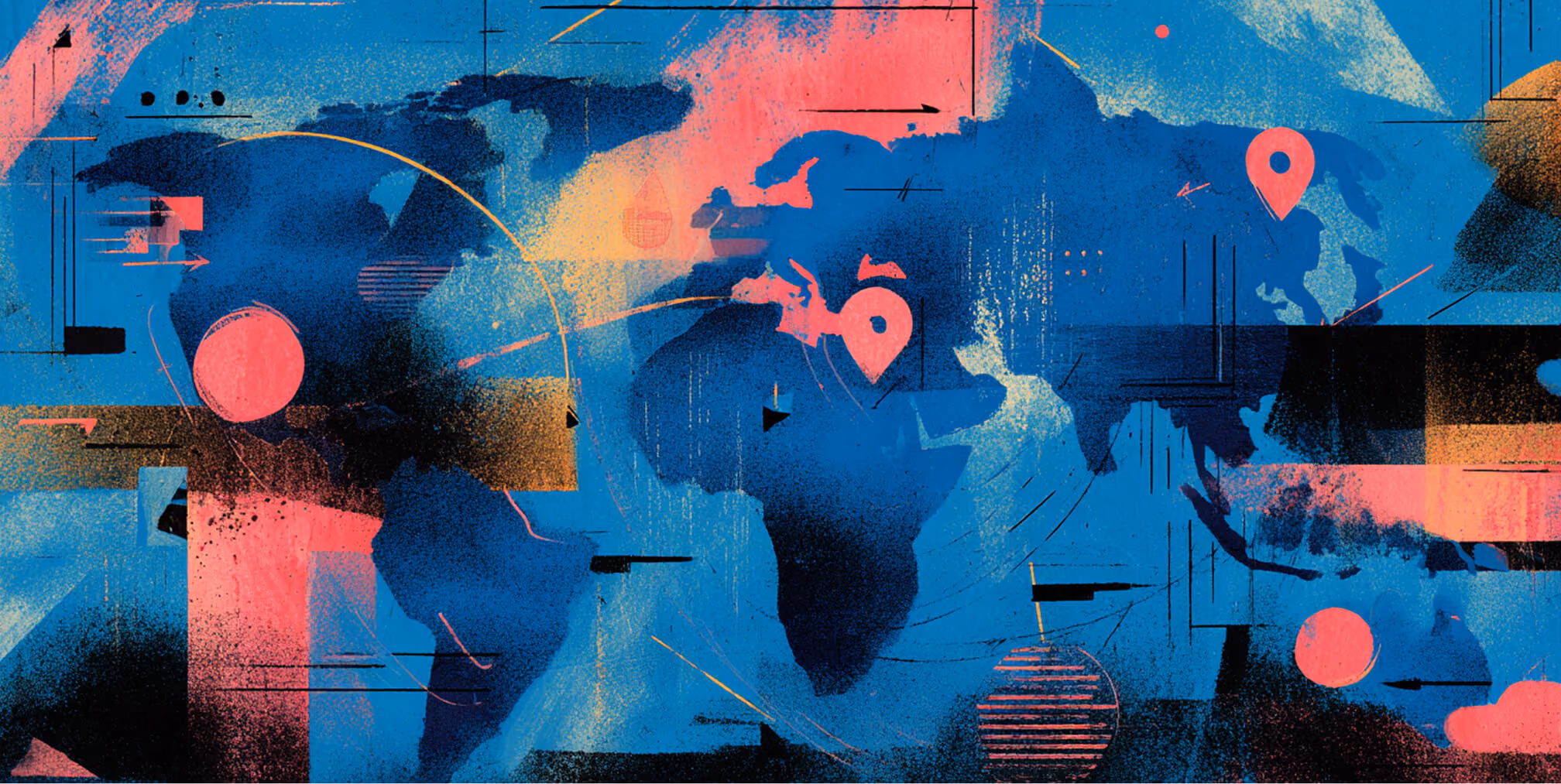 World map with highlighted regions and location markers representing global logistics and international operations.