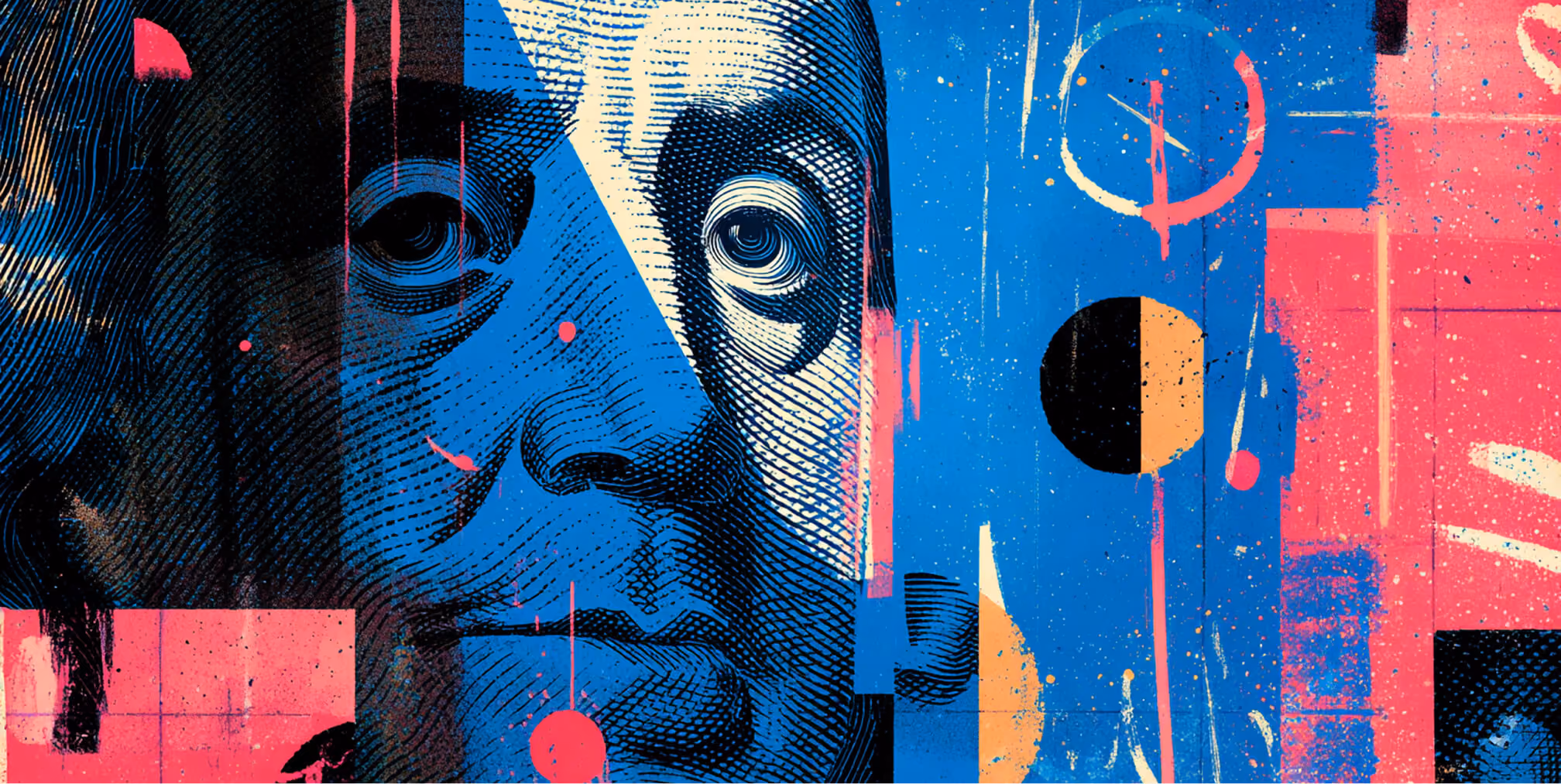 Abstract portrait-style illustration blended with global symbols, representing brand identity in international markets.