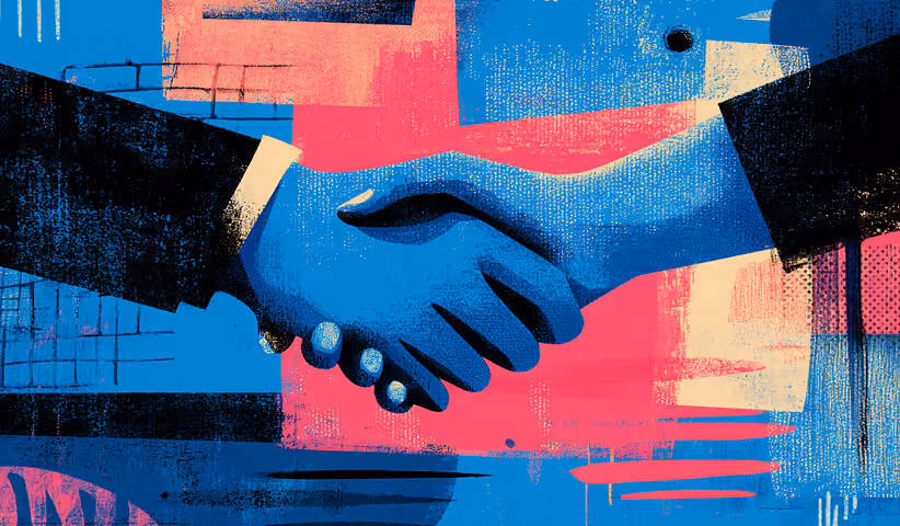 Handshake illustration over abstract backgrounds symbolizing international partnerships and global trust.