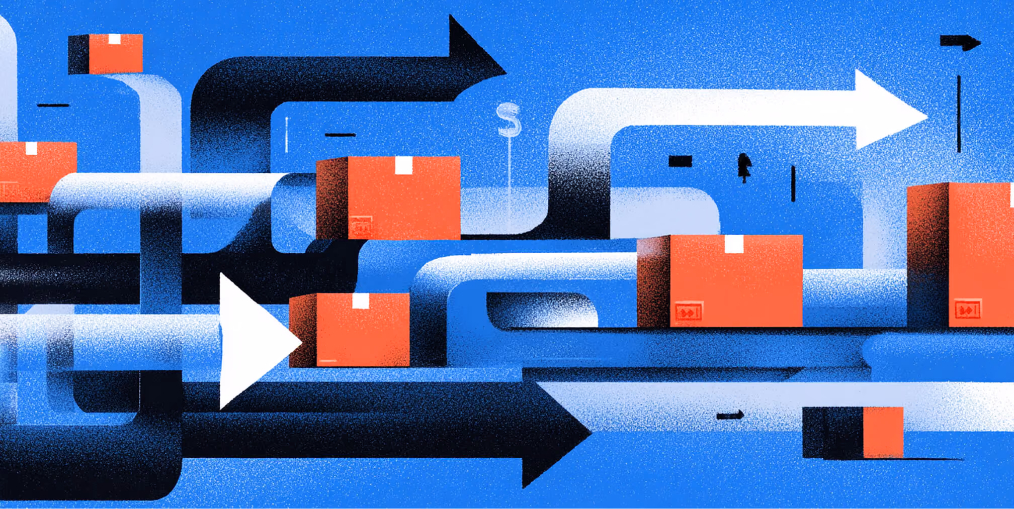 Abstract illustration of interconnected conveyor systems moving packages, symbolizing high-volume e-commerce operations and logistics automation.