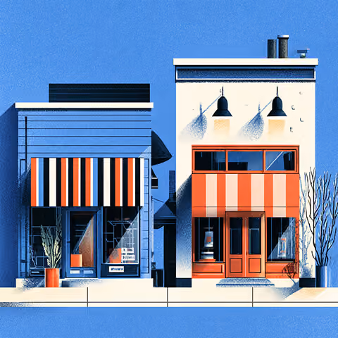 Stylized illustration of two modern storefronts side by side, representing scalable retail brands and omnichannel commerce.