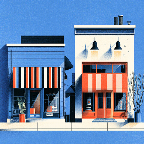 Stylized illustration of two modern storefronts side by side, representing scalable retail brands and omnichannel commerce.