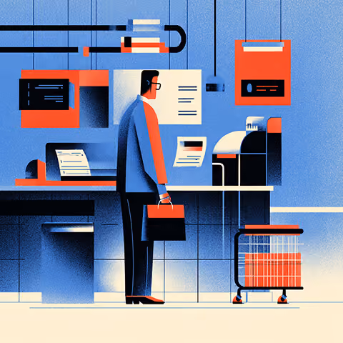 Illustrated business professional standing at a retail counter with digital displays, representing in-store operations connected to online systems.