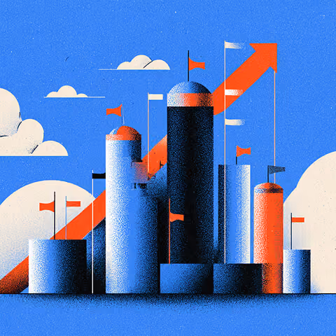 Abstract cityscape with rising structures and an upward arrow, symbolizing rapid business growth and enterprise scalability.
