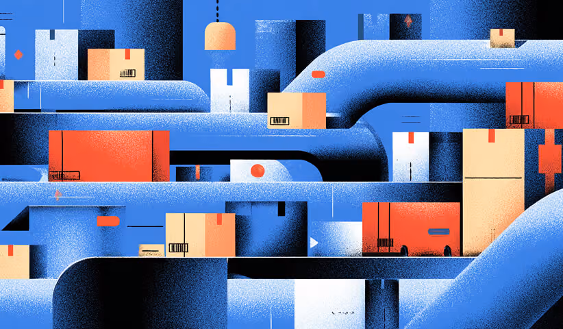 Illustration of complex logistics pipelines transporting packages, representing automated fulfillment for high-volume retailers.