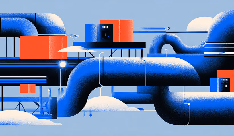 Abstract industrial system with interconnected tubes and control points, symbolizing backend infrastructure and scalable commerce architecture.