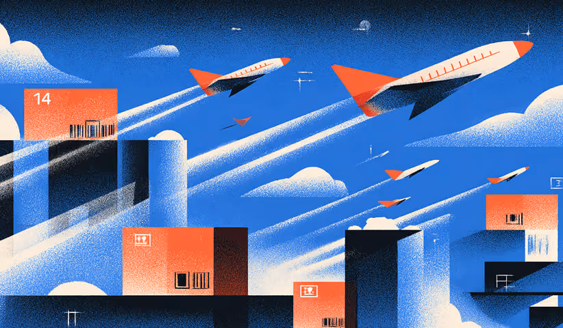 Illustration of rockets launching from warehouse rooftops, symbolizing rapid expansion and accelerated order fulfillment.