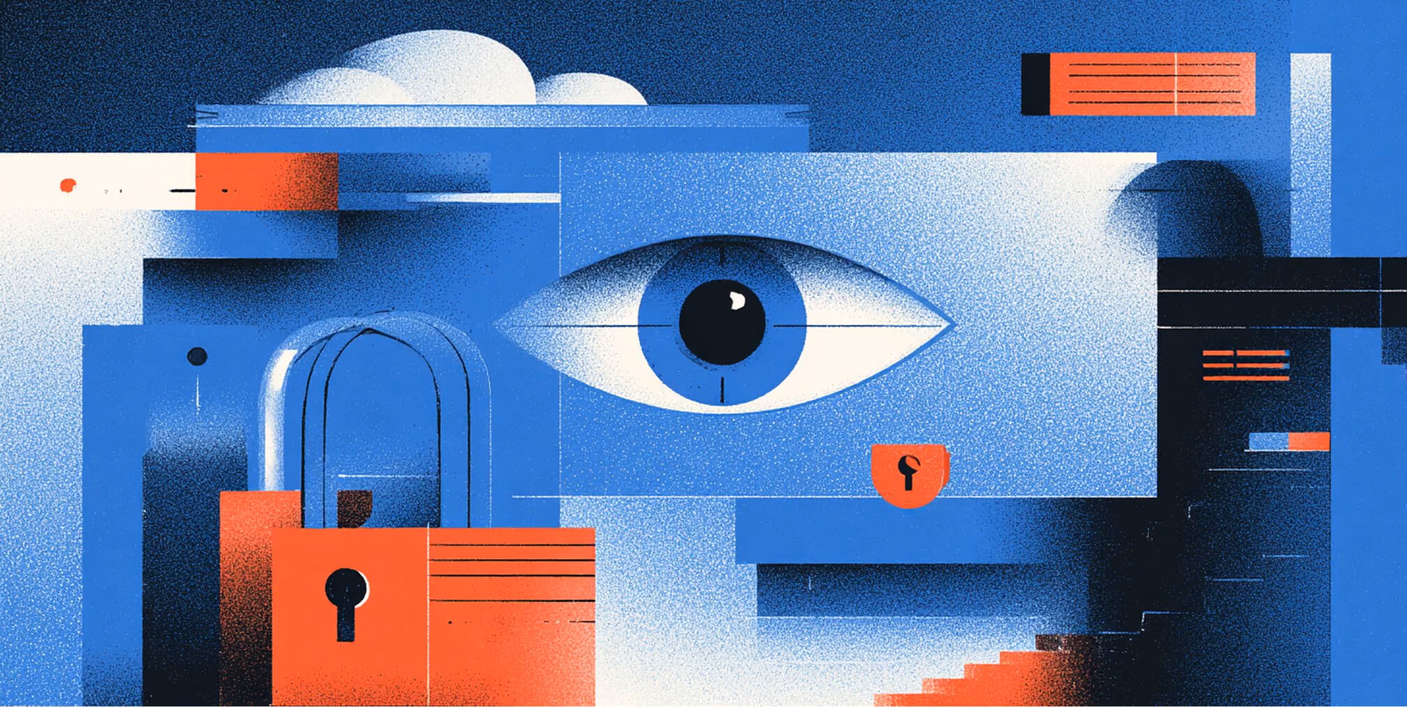 Abstract illustration of an eye and lock integrated into a digital system, representing security, data protection, and platform stability.