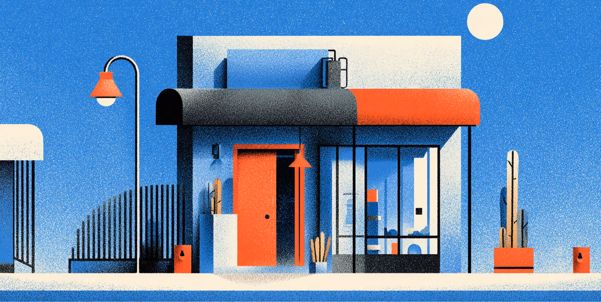 Stylized modern storefront with an orange awning and glass facade, representing enterprise retail presence and brand maturity.