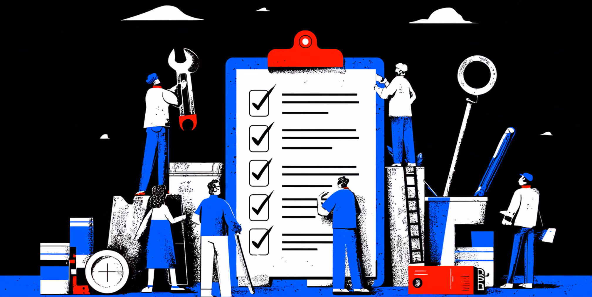 Illustration of multiple people collaborating around a large checklist clipboard, symbolizing structured planning, task execution, and operational readiness.