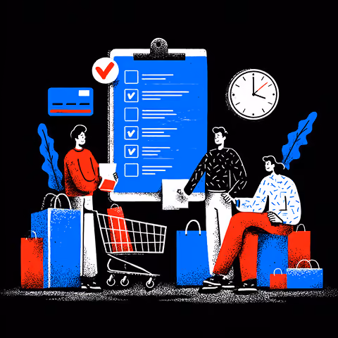 Stylized scene of shoppers and team members reviewing a checklist with shopping bags and a cart, representing organized purchasing workflows and decision-making.