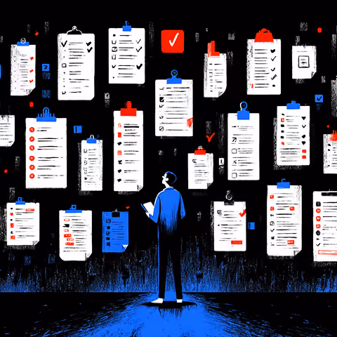 A lone figure standing beneath dozens of floating checklists, illustrating complexity, compliance, and the challenge of managing many requirements at once.