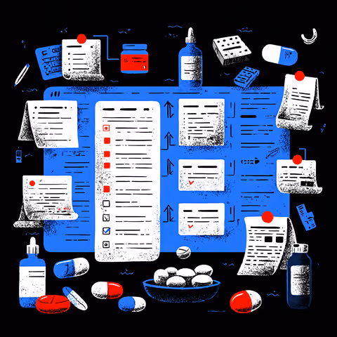 Abstract illustration of documents, checklists, and medical items arranged around a central task list, representing detailed processes and operational oversight.