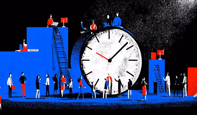 Large clock surrounded by groups of people waiting and coordinating, symbolizing time pressure, deadlines, and synchronized execution.