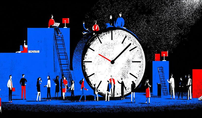 Large clock surrounded by groups of people waiting and coordinating, symbolizing time pressure, deadlines, and synchronized execution.