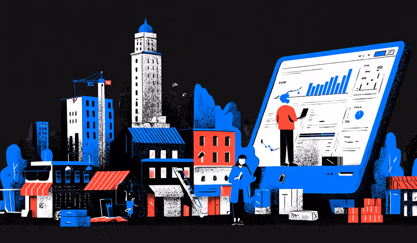 Cityscape with storefronts and buildings alongside a large analytics dashboard, illustrating business performance tracking across physical and digital locations.